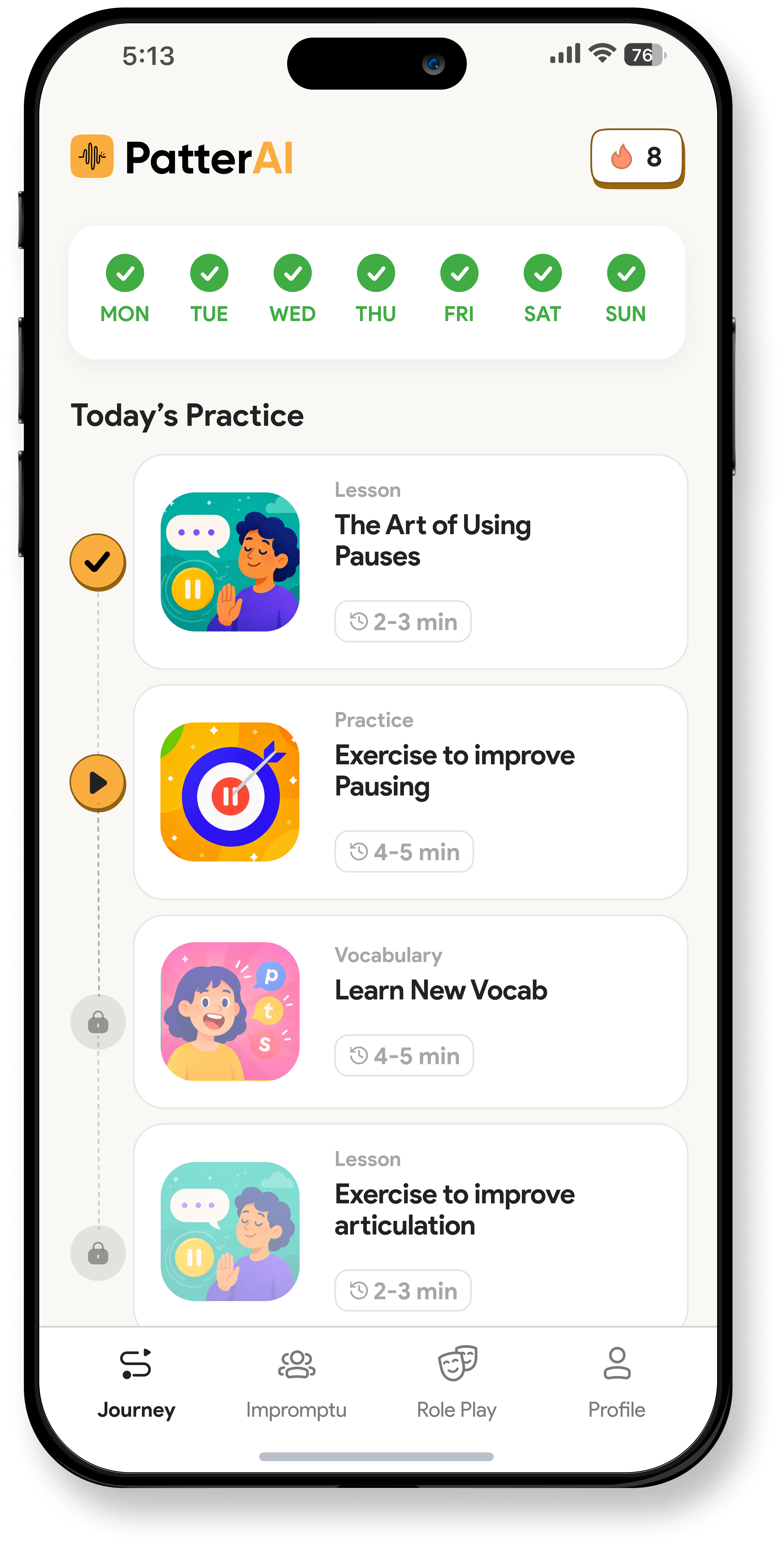PatterAI app showing daily communication skills practice session